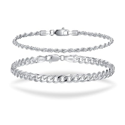 S925 Sterling Silver 6mm Cuban Link Chain Bracelets for Men,2.5mm Rope Chain Mens Bracelet Set for Men's&woman,Trendy hip-hop stacking Chain Gift Boyfriend/Girlfriend,Non Tarnish Hypoallergenic - style: Silver Rope chain + Cuban link