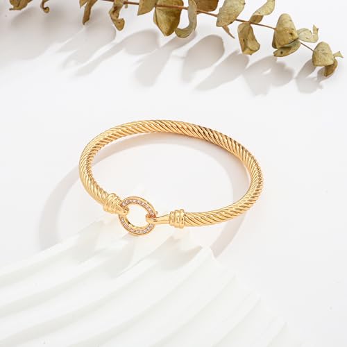 WOWORAMA Twisted Cable Wire Bracelets Two Tone Bangle Bracelet for Women | Stainless Steel, Unisex Gold Silver Bracelet, Mixed Metal Chunky Bangles Jewelry - color: Gold Circle