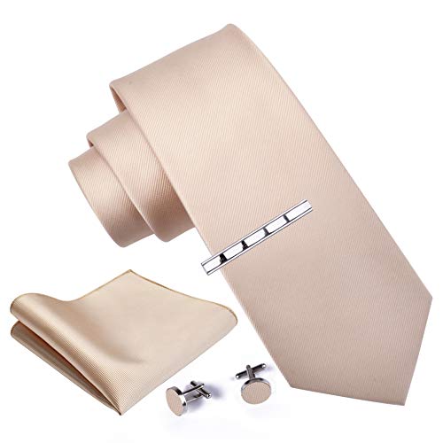 GUSLESON New 3.15"（8cm） Solid Color Necktie and Pocket Square Cufflinks Clip Set - color: Champagne