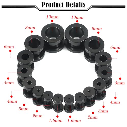 14G-00G Double Flare Screw On Gauges Tunnels Plugs Stretching Set Kit 316L Surgical Steel Gauges Tunnel Plug for Ears Size 16G 12G 10G 8G 6G 4G 2G 0G 00G Women Men - color: Black Tone-14G-00G