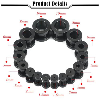 14G-00G Double Flare Screw On Gauges Tunnels Plugs Stretching Set Kit 316L Surgical Steel Gauges Tunnel Plug for Ears Size 16G 12G 10G 8G 6G 4G 2G 0G 00G Women Men - color: Black Tone-14G-00G
