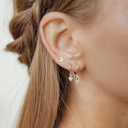 Sterling Silver Earrings Stacks for Women, Hypoallergenic Cartilage Earring | Dainty Stud Huggie Hoop Dangle Chain Earrings, 14K Gold/White Gold Plated - color: 3Pairs-Square CZ Set-Silver