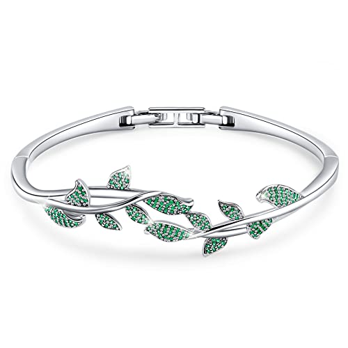 Green Leaves Bangle Bracelets For Women 18K White Gold Plating Adjustable Bracelets with Crystal For Wife Girlfriend Or Mothers Idea Gift For Mother's day (Green)