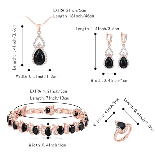 Wedding Jewelry Set for Women Bride Bridesmaid | Gorgeous Cubic Zirconia Teardrop Necklace Earrings Bracelet Adjustable Ring Jewelry Gift for Birthday/Anniversary - color: 13-Black Rose-Gold-Tone