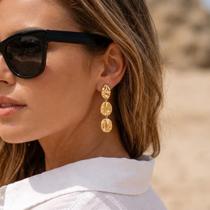 Gold Dangle Earrings for Women,Chunky 14K Gold Plated Drop Dangle Stud Earrings Long Statement Hammered Earring Hypoallergenic Jewelry for Women Gifts - style: Irregular Hammered-GD