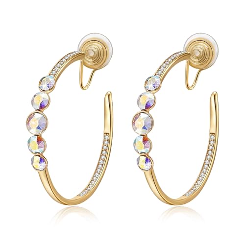EVEVIC Austrian Crystal Hoop Clip On Earrings for Women | 14K Gold Plated,Silicone Comfort Pad,Versatile for Daily and Formal Occasions,Gift Box Included - color: Aurora Borealis