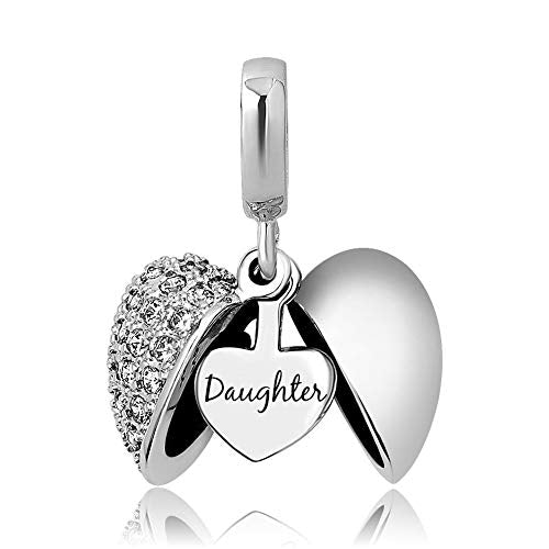 KunBead Daughter Heart I Love You Birthstone Dangle Charms Compatible with Pandora Bracelet Gift for Womens Birthday - color: White