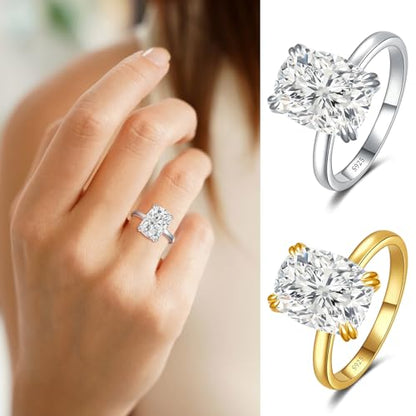 5CT Elongated Cushion Cut Engagement Ring Travel Band Size5-10 | Big Look CZ Fake Engagement Ring, 925 Sterling Silver 14K/White Gold Plated, Wedding Promise Anniversary Statement Gift - color: Silver