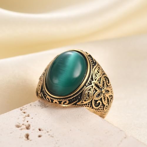 Retro Large Tiger Eye Stone Turquoise Wedding Ring For Men Classical Gothic Stainless Steel Rings - color: Gold-Green