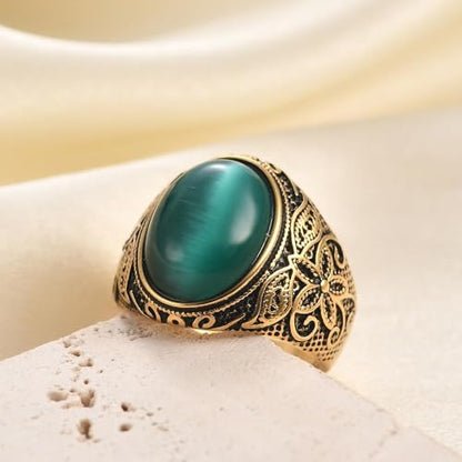 Retro Large Tiger Eye Stone Turquoise Wedding Ring For Men Classical Gothic Stainless Steel Rings - color: Gold-Green