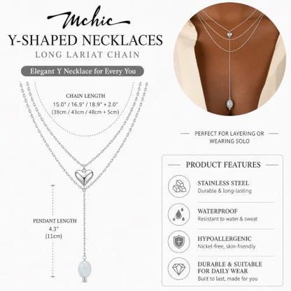 Mchic Gold Necklace for Women Dainty Long Lariat Necklace 18K Gold/Silver Plated Y-Shaped Pendant Necklaces Minimalist Layered Drop Necklaces Trendy Jewelry Gift - color: Silver2