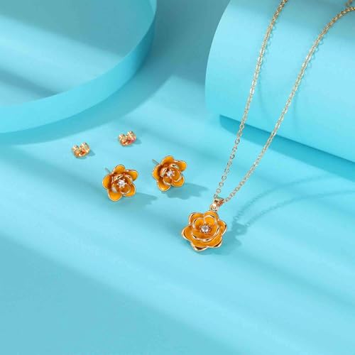 EVEVIC Dainty Flower Pendant Necklace Earrings for Women 14K Gold Plated Hypoallergenic Jewelry Sets - color: Yellow /Rose Gold-tone