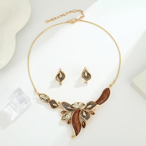 Chunky Statement Jewelry Set Vintage Retro Leaf Flower Floral Geometric Bohemian Boho Bib Necklace Earring Set Fashion Costume Jewelry for Women Girls Wedding Party Prom Unique Gift - style: calla lily flower JS gold champagne