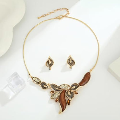 Chunky Statement Jewelry Set Vintage Retro Leaf Flower Floral Geometric Bohemian Boho Bib Necklace Earring Set Fashion Costume Jewelry for Women Girls Wedding Party Prom Unique Gift - style: calla lily flower JS gold champagne
