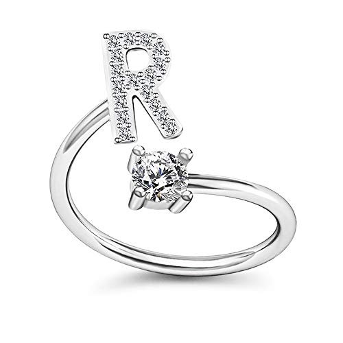 FUTIMELY Initial Letter Ring Alphabet Ring A-Z Silver Crystal Open Adjustable Personalized Initial Ring for Women - style: R
