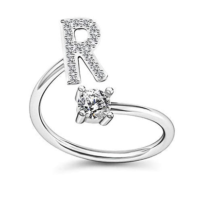 FUTIMELY Initial Letter Ring Alphabet Ring A-Z Silver Crystal Open Adjustable Personalized Initial Ring for Women - style: R