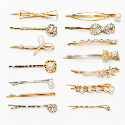 14 Pcs Gold Rhinestone Pearl Hair Clip Set, Shiny Luxurious Gold Metal Hair Clips for Girls and Women, Luxury Rhinestone and Pearl Hair Accessories (Silver letter clip) - color: Silver letter clip