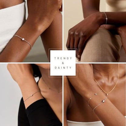 Solid 925 Sterling Silver Bracelets for Women, Dainty Interlocking Circles Cubic Zirconia Adjustable Chain Bracelet, Trendy Stackable Link Bracelets, Simple Cute Jewelry Gifts - color: Silver Bezel-Set CZ