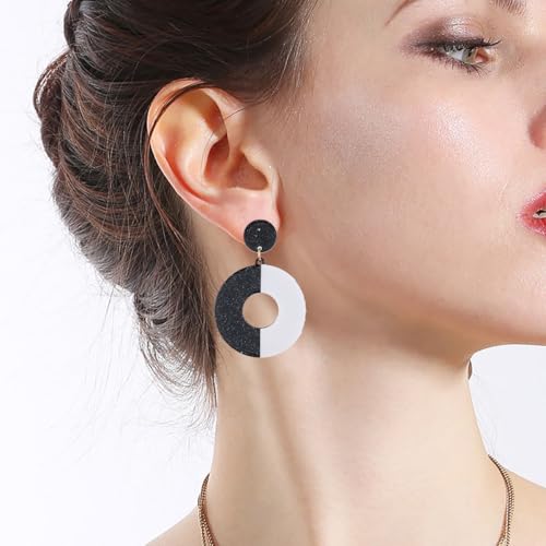 Black White Acrylic Earrings for Women Acrylic Triangular Drop Dangle Earrings Trendy Water Drop Two Tone Stud Earrings Geometric Resin Statement Earrings Jewelry - color: Round