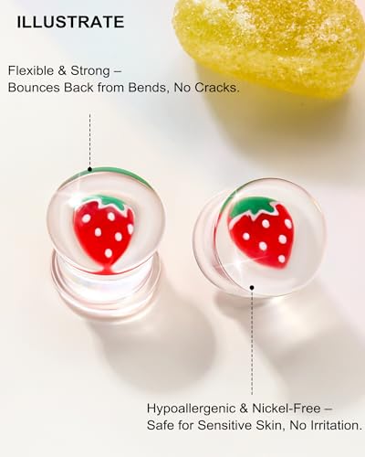 2PCS Strawberry Ear Gauges 00g to 5/8'' Simulated Strawberry Resin Plugs Saddle Double Flared Tunnels Stretcher Expander Ear Plug Expanders Acrylic Ear Gauges Piercing Jewelry - size: 14mm