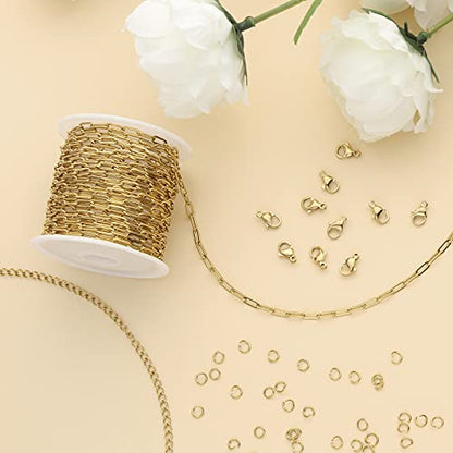 16.4 Feet Gold Stainless Steel Chains Bulk Cable Paperclip Necklace Chains Link Roll with Jump Rings Lobster Clasps Extender Chain for Jewelry Making - color: Gold Paperclip