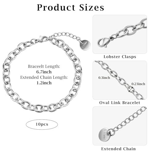 KYUNHOO 10 PCS Bracelet Chains for Jewelry Making 6.7 Inches Bracelets Bulk | Stainless Steel Bracelets Making Chains 6.7 Inches Oval Link Chain Bulk with Extender for Men Women DIY Bracelets Crafts - color: Silver