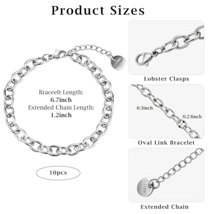 KYUNHOO 10 PCS Bracelet Chains for Jewelry Making 6.7 Inches Bracelets Bulk | Stainless Steel Bracelets Making Chains 6.7 Inches Oval Link Chain Bulk with Extender for Men Women DIY Bracelets Crafts - color: Silver