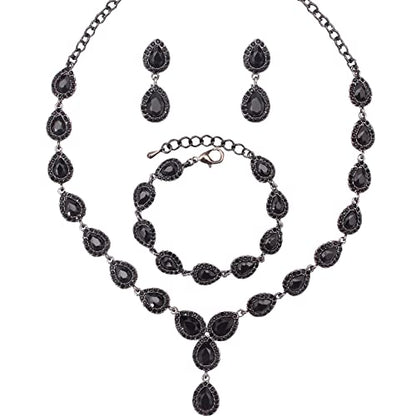 Austrian Crystal Rhinestone Necklace Dangle Earrings Link Bracelet Jewelry Set for Brides Bridesmaid Prom Costume Accessories for Women - color: Black-Gun Black