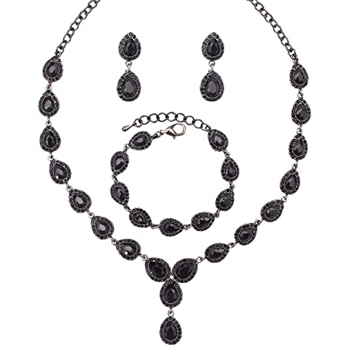 Austrian Crystal Rhinestone Necklace Dangle Earrings Link Bracelet Jewelry Set for Brides Bridesmaid Prom Costume Accessories for Women - color: Black-Gun Black