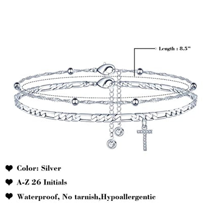 Ankle Bracelets for Women, 14K Gold Plated Dainty Layered Chain CZ Initial Anklets Summer Jewelry Gifts for Women - style: T-Silver