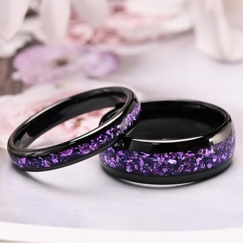 Tungsten Rings for Men and Women 8mm/4mm Men’s Wedding Bands | 8mm Black Inlaid Purple Galaxy Opal Fashion High Polished Suitable for engagement and anniversary parties comfortable fit - color: 4mm black and purple