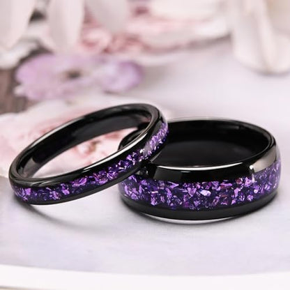 Tungsten Rings for Men and Women 8mm/4mm Men’s Wedding Bands | 8mm Black Inlaid Purple Galaxy Opal Fashion High Polished Suitable for engagement and anniversary parties comfortable fit - color: 4mm black and purple