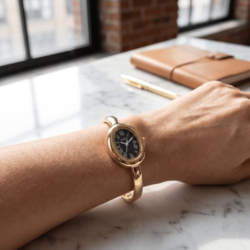 Women's Oval Bangle Watch, Elegant Open-Cuff Bracelet Wrist Watch with Roman Numeral Dial, Minimalist Luxury Fashion Quartz Watch for Ladies - color: Gold/Black