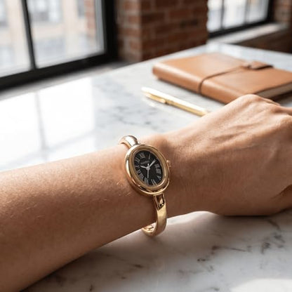 Women's Oval Bangle Watch, Elegant Open-Cuff Bracelet Wrist Watch with Roman Numeral Dial, Minimalist Luxury Fashion Quartz Watch for Ladies - color: Gold/Black