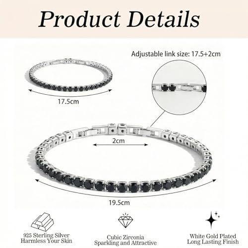 HEEYA Birthstone Silver/Gold Plated Tennis Bracelets, Adjustable 4mm CZ Tennis Bracelets for Women, Fashion Jewelry Wedding Gift Size 6.8 inch+1 inch Extender - color: Black White Gold