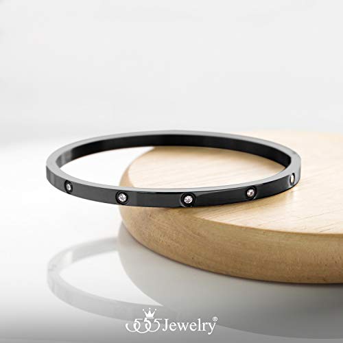 555Jewelry Womens Sparkling Cubic Zirconia Secure Hinge Lock Bangle Stainless Steel Bracelet - color: Black