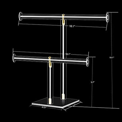 2-Tier Acrylic Jewelry Stand for Necklaces Bracelets | 2-tier acrylic stand with dual bars, tangle-free storage for necklaces, bracelets & earrings for dresser and shop