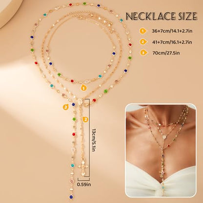Layered Cross Necklace Set for Women, Layered Choker Necklaces Trendy Jewelry, Colorful Enamel Beaded Y-Shaped Lariat Necklace, Boho Multilayer Cross Necklace for Party and Daily Wear - color: Gold-11