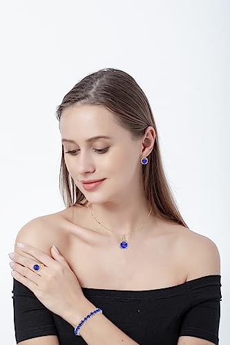 Paxuan 4pcs Cubic Zirconia Wedding Jewelry Sets for Bride Bridesmaid Cubic Zirconia Pendant Necklace Earrings Link Tennis Bracelet Open Ring Set for Women - color: Gold Plated Sapphire Cubic Zirconia