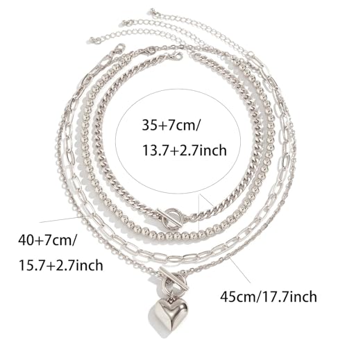 Chunky Layered Necklaces for Women, Stackable Paperclip Chain Necklace Set with Coin & Heart Pendants, Trendy Statement Jewelry for Everyday Wear and Gift Giving - color: Silver