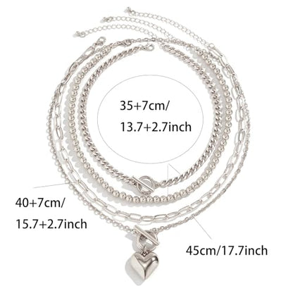 Chunky Layered Necklaces for Women, Stackable Paperclip Chain Necklace Set with Coin & Heart Pendants, Trendy Statement Jewelry for Everyday Wear and Gift Giving - color: Silver