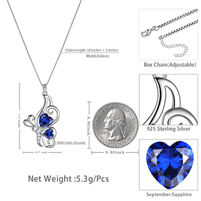 Butterfly Heart Necklace Birthstone Pendant Necklace Earrings Bracelet Women 925 Sterling Silver Animal Butterflies Birthstone Pendant Crystal Birthday Jewelry Wedding Gift - color: I.September-necklace