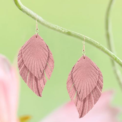 Handmade Bohemian Large Soft Genuine Leather Fringe Double Feather Dangle Drop Earrings Lightweight Simple Color PU Leaf Hook Earrings for Women - color: Pink