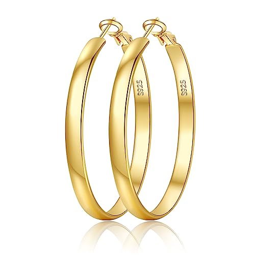 EXGOX 5mm Wide Gold Hoop Earrings for Women,Sterling Silver Hoop Earrings Large Silver Hoop Earrings Hypoallergenic Lightweight 14K Real Gold Plated Big Hoop Earrings for Women 30/40/50/60/70mm - color: Gold Color/50MM
