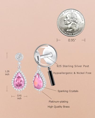 Silver Diamond Dangle Earrings for Women Rhinestone Teardrop Crystal Cubic Zirconia Drop Dangling Wedding Costume Jewelry - color: 10.October-White Gold Plated | Pink