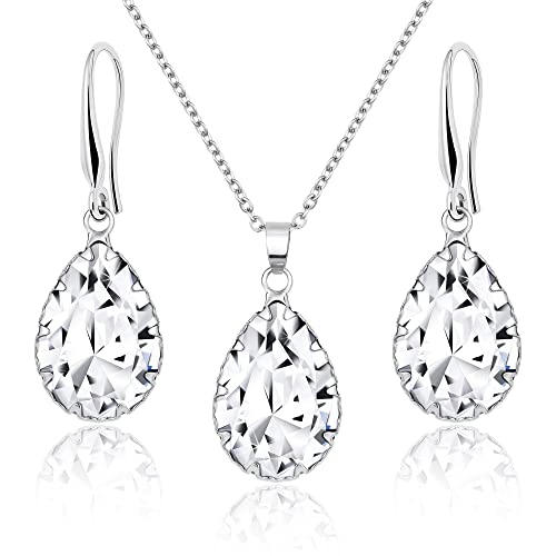 Linawe Crystal Jewelry Sets for Women, Imitation Diamond Pendant Necklace, Rhinestone Drop Dangle Earrings, Birthstone Cubic Zirconia Matching Wedding Jewelry, 14K Gold/Rose Gold/Silver Tones - color: Silver,Crystal,April