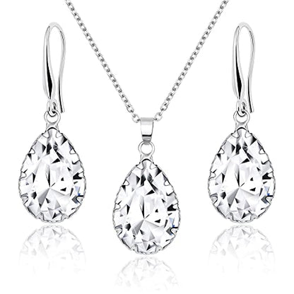 Linawe Crystal Jewelry Sets for Women, Imitation Diamond Pendant Necklace, Rhinestone Drop Dangle Earrings, Birthstone Cubic Zirconia Matching Wedding Jewelry, 14K Gold/Rose Gold/Silver Tones - color: Silver,Crystal,April