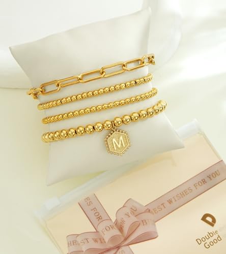 doubgood Gold Bracelets for Women, 14K Gold Plated Stackable Initial Beaded Bracelet with Letter Pendant Waterproof Stretch Trendy Stack Jewelry Set Gifts for Mom Christmas - color: D - Gold