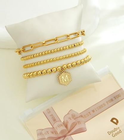 doubgood Gold Bracelets for Women, 14K Gold Plated Stackable Initial Beaded Bracelet with Letter Pendant Waterproof Stretch Trendy Stack Jewelry Set Gifts for Mom Christmas - color: P - Gold
