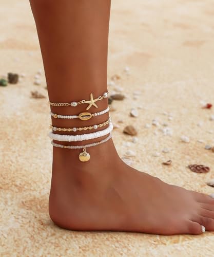 Shell Ankle Bracelet For Women Boho Beaded Seashell Starfish Conch Pearl Sea Turtle Puka Layered Gold Anklet Set Hawaiian Summer Beach Handmade Foot Jewelry Gift Set Adjustable - style: scallop